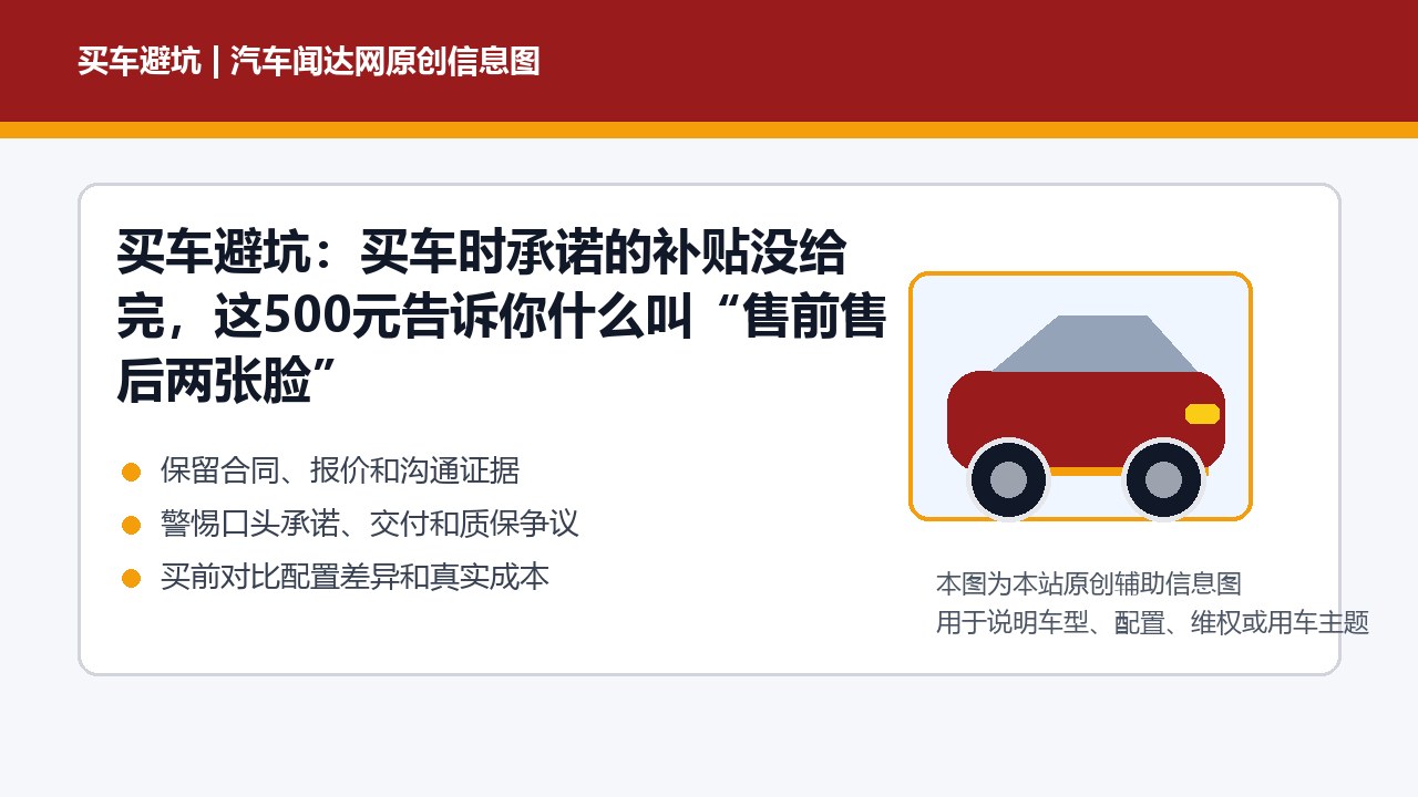 买车避坑：买车时承诺的补贴没给完，这500元告诉你什么叫“售前售后两张脸”