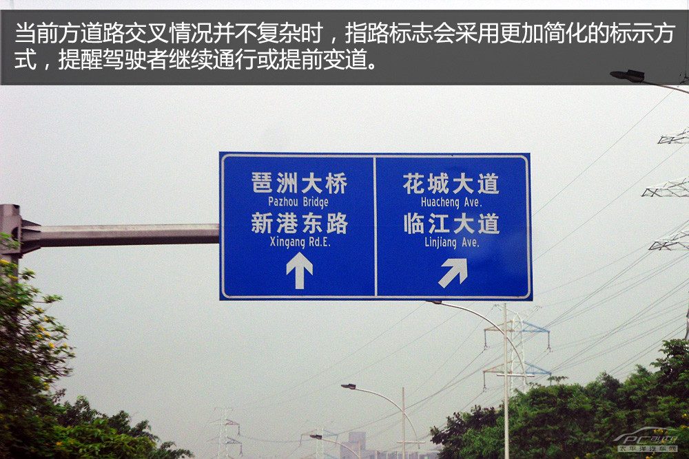 一张城市道路的俯拍图，画面中路面标线和空中的交通标志牌同时出现，展示两者可能存在的冲突情况