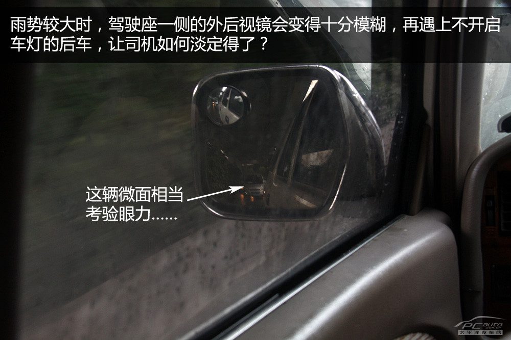 大型货车右侧盲区示意图，标注盲区范围，小轿车在该区域很难被司机发现