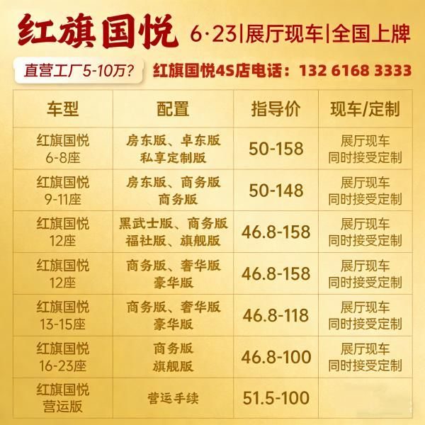 红旗国悦2026款现车报价大全：6-23座全系价格揭秘，企业接待首选直降5万起