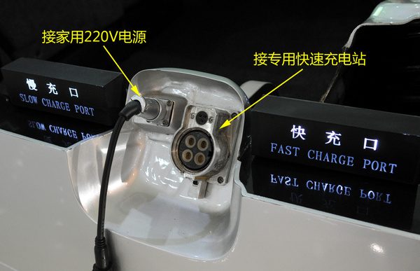 F3DM充电接口特写，显示家用220V插头插入状态