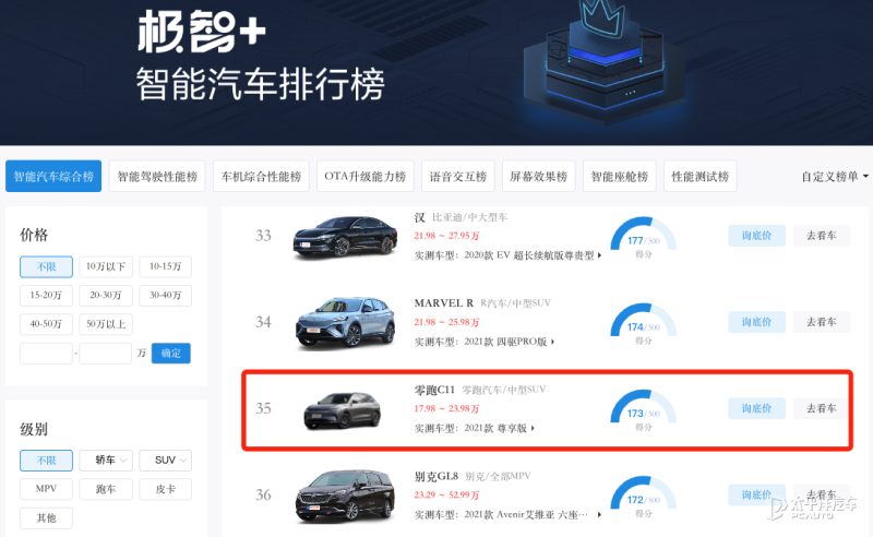 零跑C11内饰全景，三块屏幕清晰可见，副驾屏正在播放视频，内饰采用浅色配色，整体科技感强