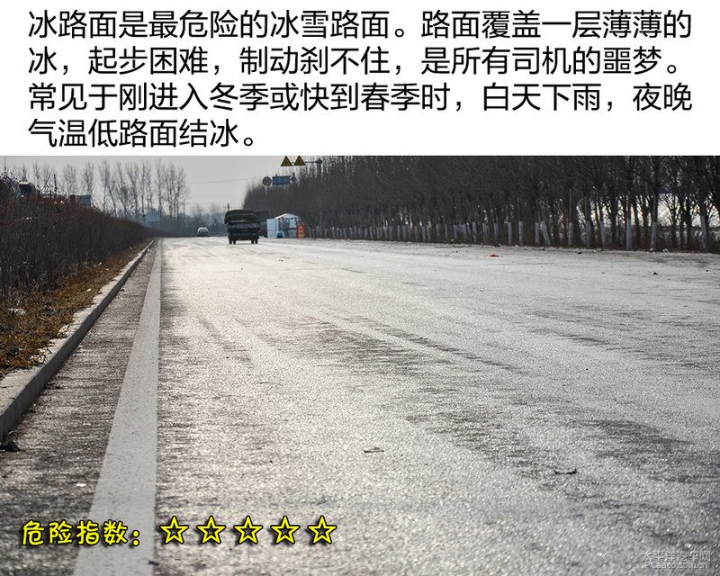 冰雪路面跟车距离的示意图，标注干燥路面、积雪路面、冰面路面的建议跟车距离