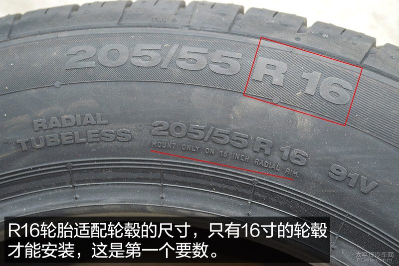 一张轮胎规格参数图解，标注205/55 R16 91V各部分的含义