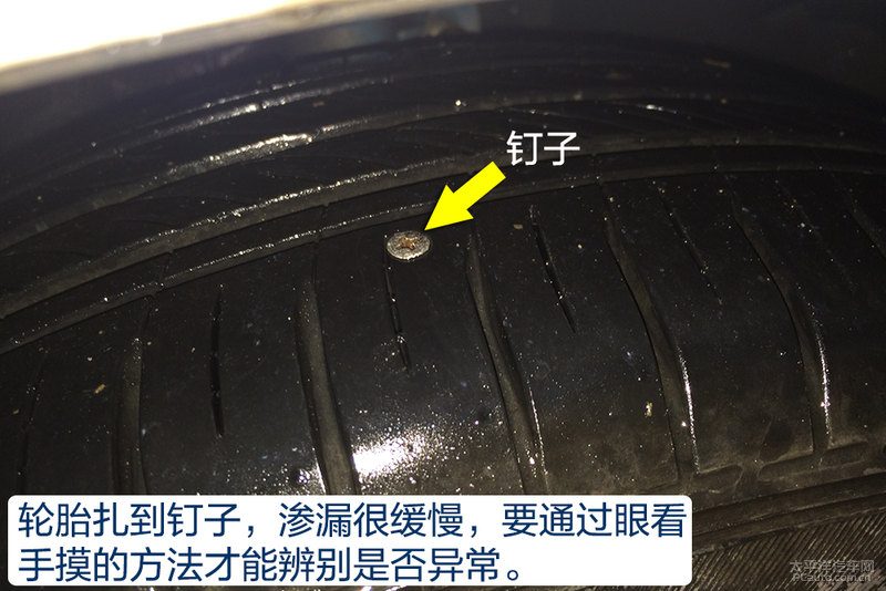 手指指向刹车片与刹车盘之间的缝隙，刹车片表面有明显磨损痕迹，背景是汽车轮毂内部结构